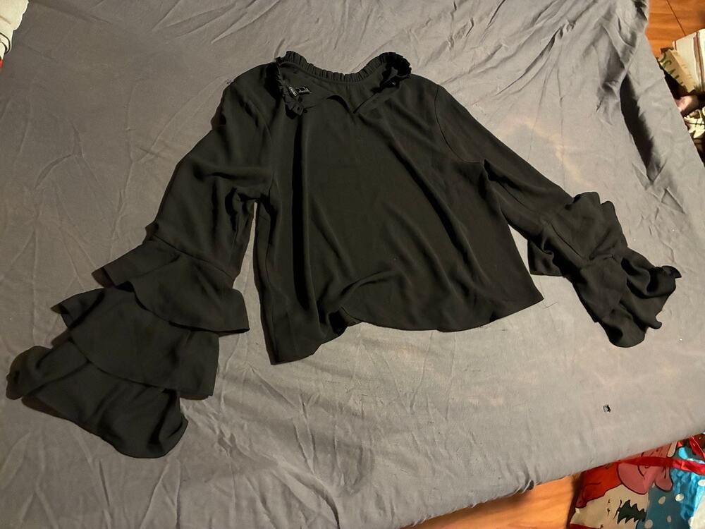 Womens Black Ruffle Bell Sleeve Blouse Long Sleeve Flowy Tiered Chiffon Top
